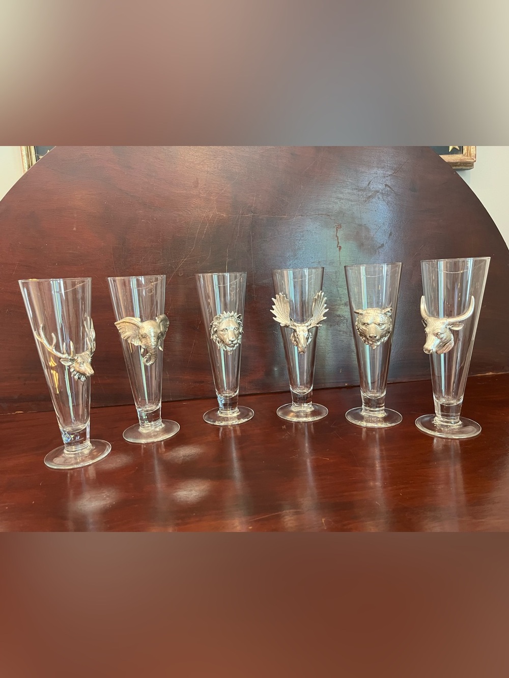 Arthur Court Set of 6 Pilsner Glasses with Cast Aluminum Game Animal Accents